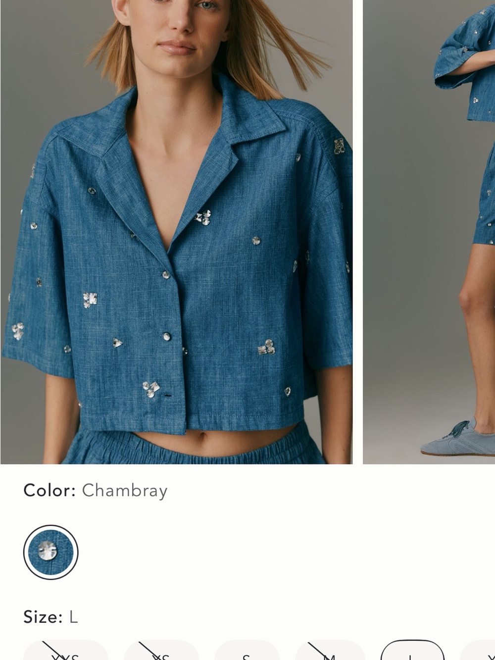 Maeve Anthropologie size large Embellished Chambray Cropped Button-Down Shirt